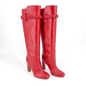 Valentino Red Leather Braided Knee High Boots Block Heel Size 37 US 7 Women's